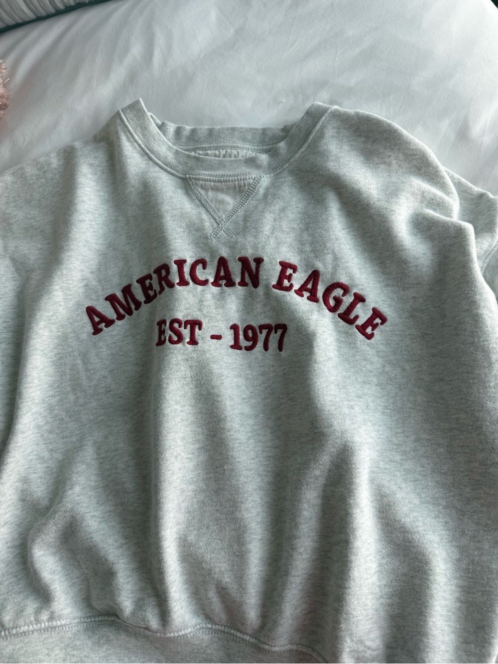 American Eagle Outfitters Light Gray Crewneck Sweatshirt with Maroon Logo